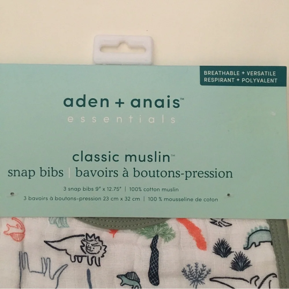 NEW aden + anais Cotton Muslin Snap Bibs Dinosaur and Leaf Prints Set of 3